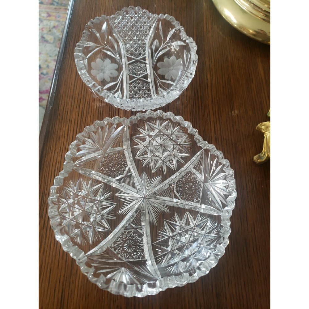 Vintage Cut Lead‎ Glass Crystal Candy Dish ~ Set of 2 ~ Sawtooth Scalloped Edge